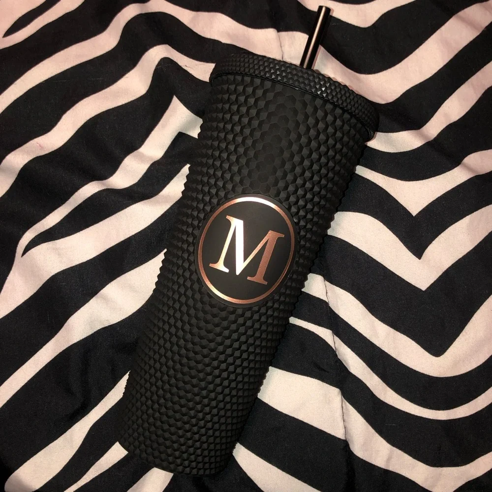Letter M Black Textured Tumbler with Straw, New